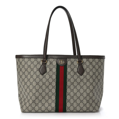 Gucci GG Supreme Monogram Textured Calfskin Web Medium Ophidia Shopping Tote Beige Ebony New Acero 1 of 9