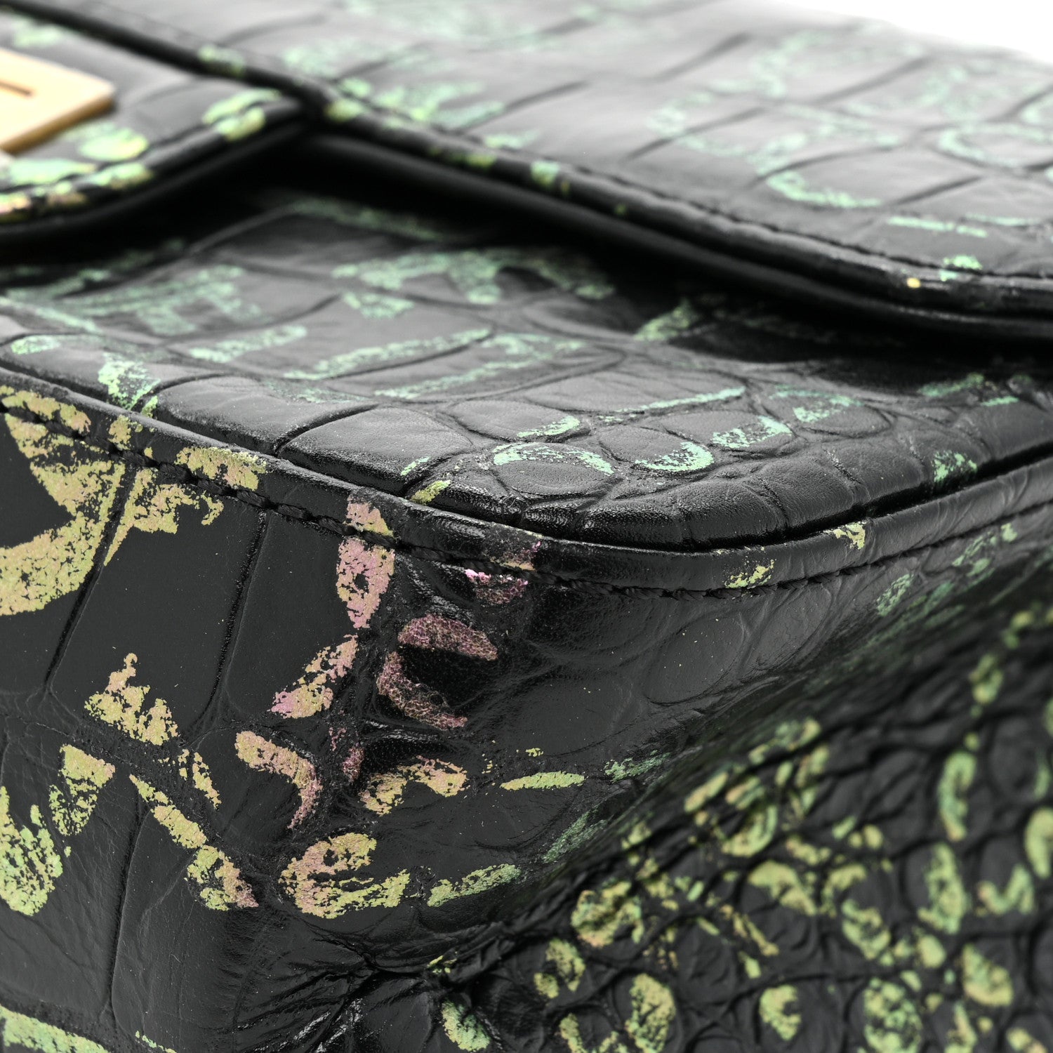Chanel Calfskin Crocodile Embossed Graffiti 2.55 Mini Cocodile Reissue Flap Black Pink 14 of 16