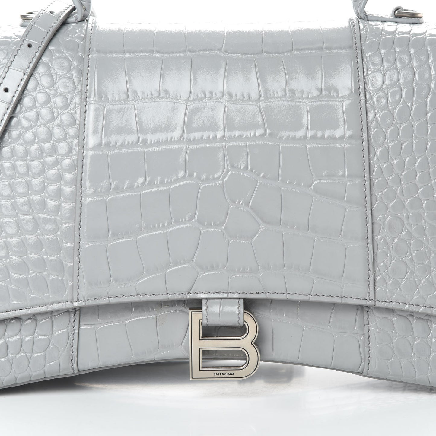 Shiny Calfskin Crocodile Embossed Medium Hourglass Top Handle Bag Balenciaga Grey