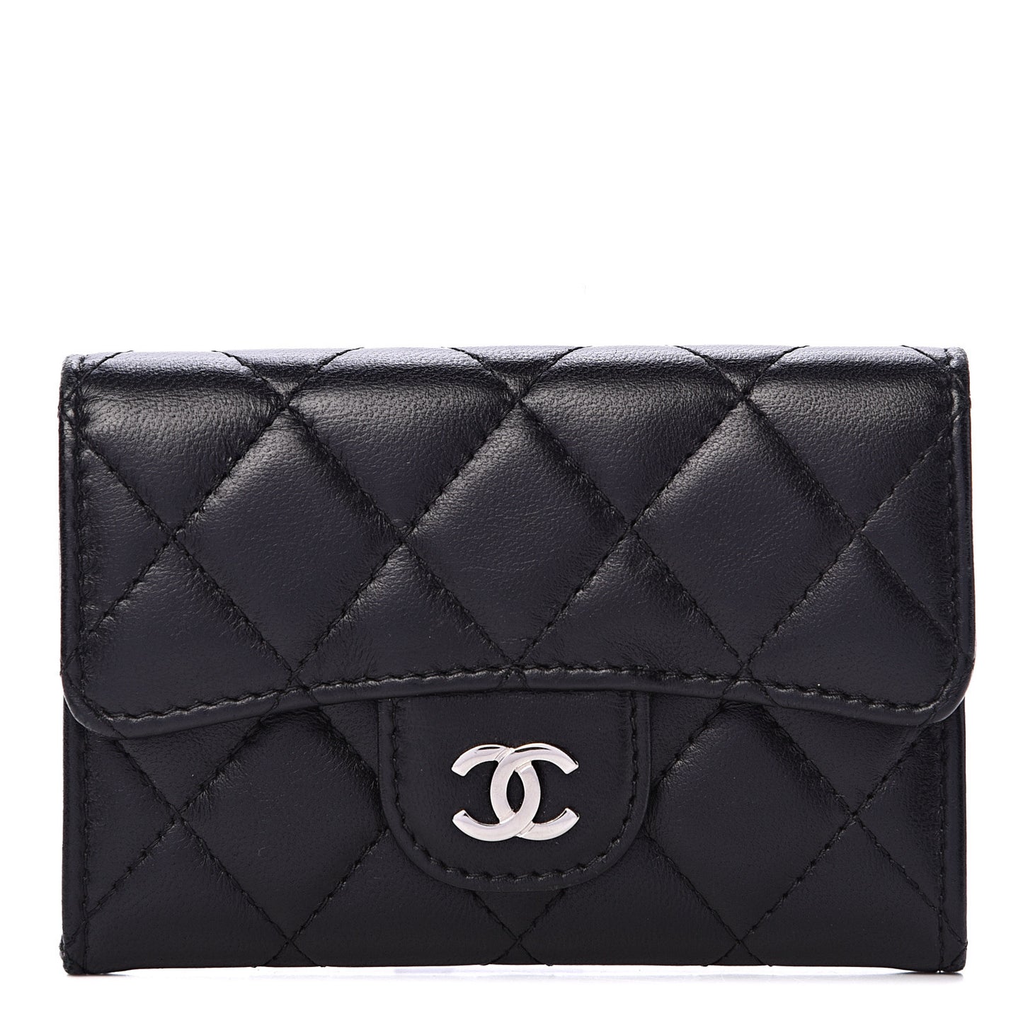 Lambskin Quilted Flap Card Holder Black