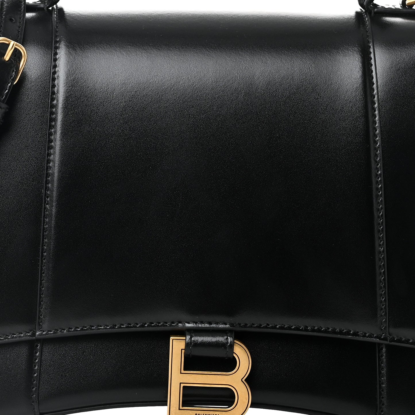 Shiny Box Calfskin Medium Hourglass Top Handle Bag Black