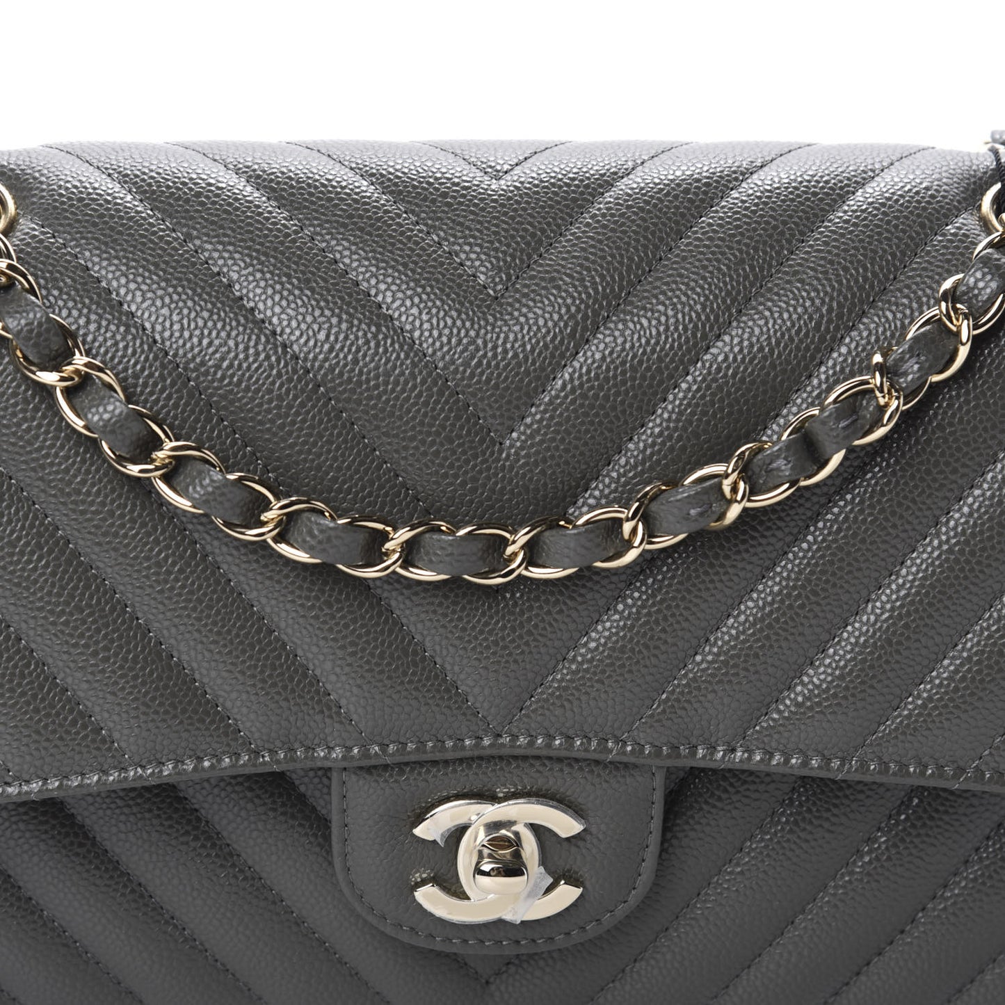 Caviar Chevron Quilted Medium Double Flap Dark Grey