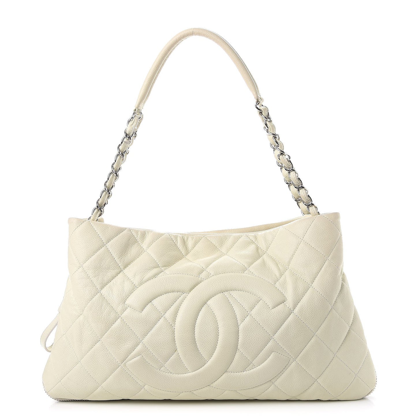 Caviar Quilted Expandable Zip Shoulder Bag Ivory