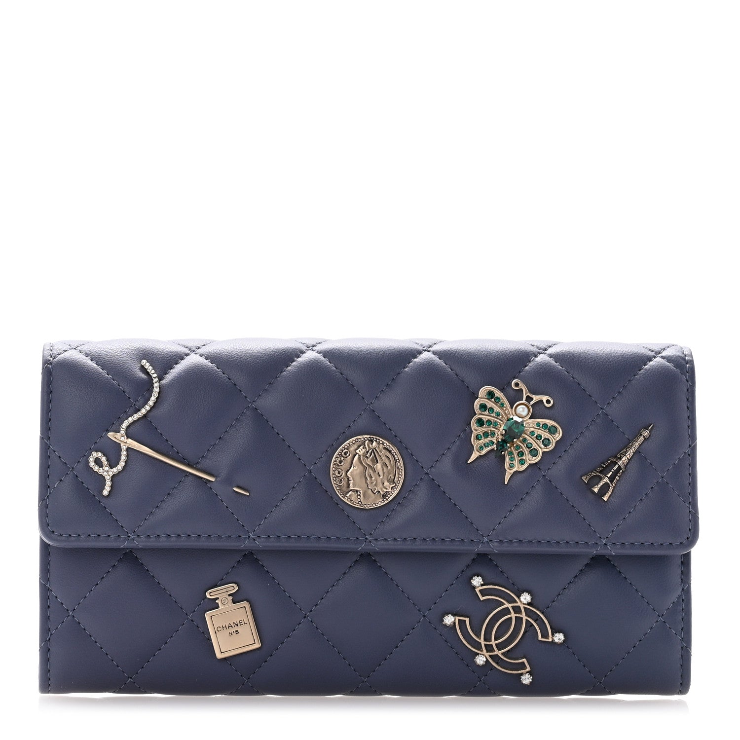 Chanel Lambskin Quilted Charms Large Gusset Flap Wallet Blue 1 of 11