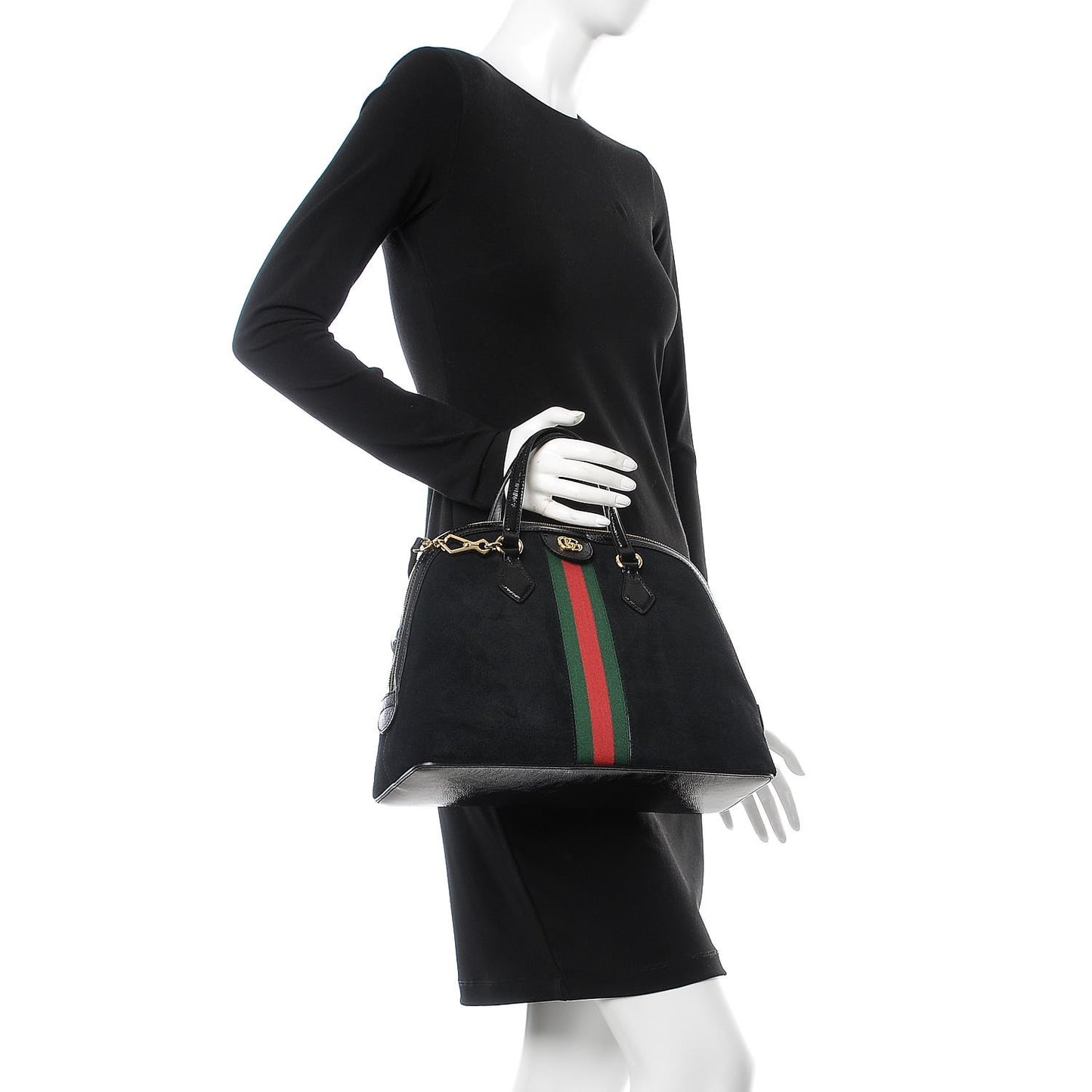 Suede Patent GG Web Medium Ophidia Top Handle Dome Bag Black