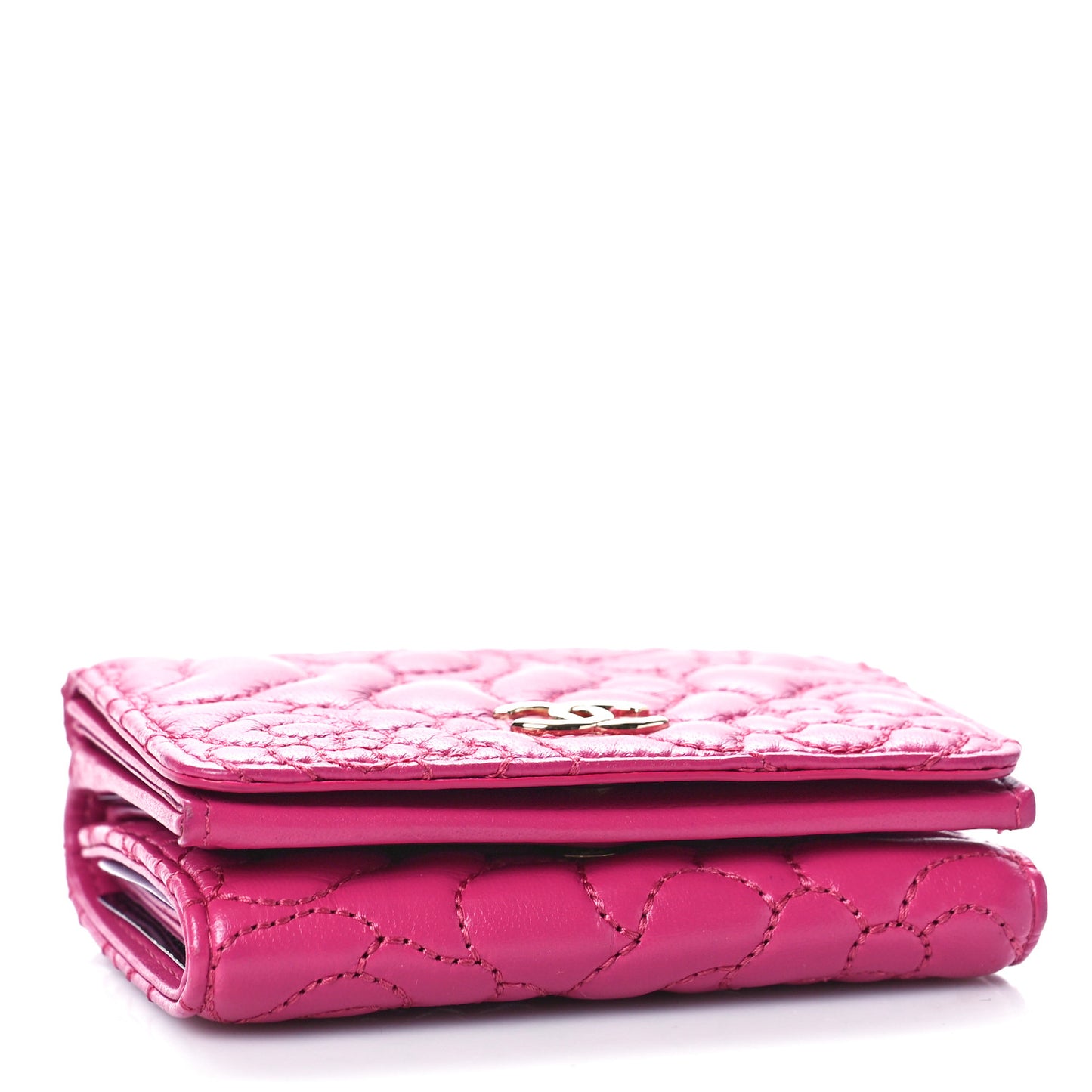 Lambskin Camellia Embossed Compact Wallet Fuchsia