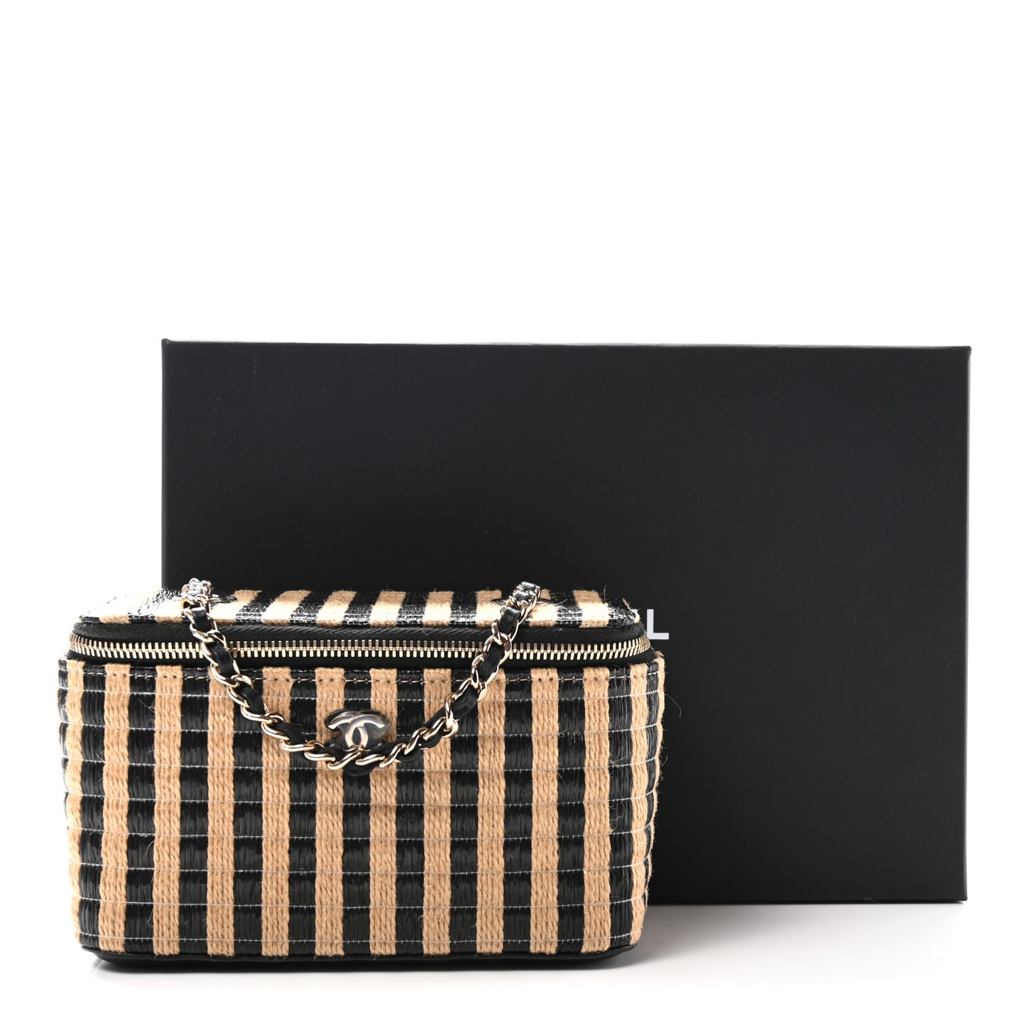 Raffia Jute Striped Small Vanity Case With Chain Black Beige