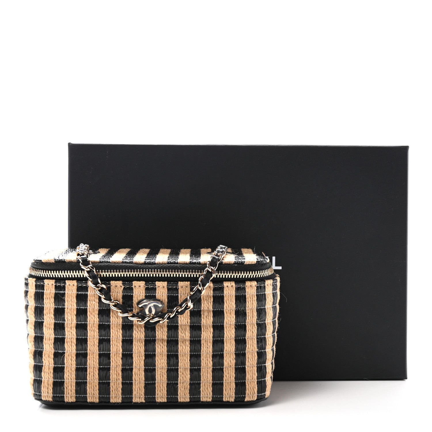 Chanel Raffia Jute Striped Small Vanity Case With Chain Black Beige 11 of 11