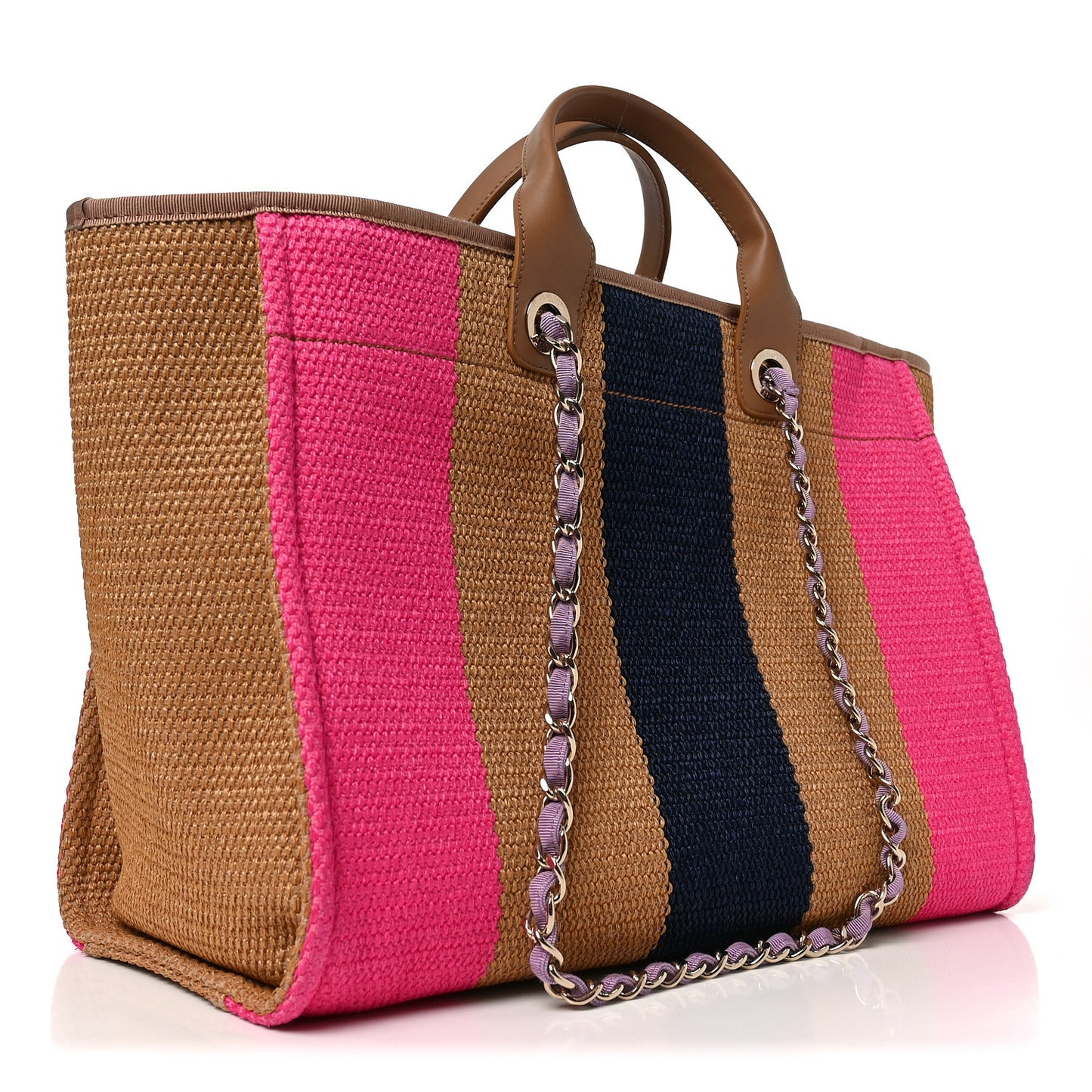 Straw Raffia Calfskin Striped Medium Deauville Tote Dark Beige Fuchsia Navy Blue