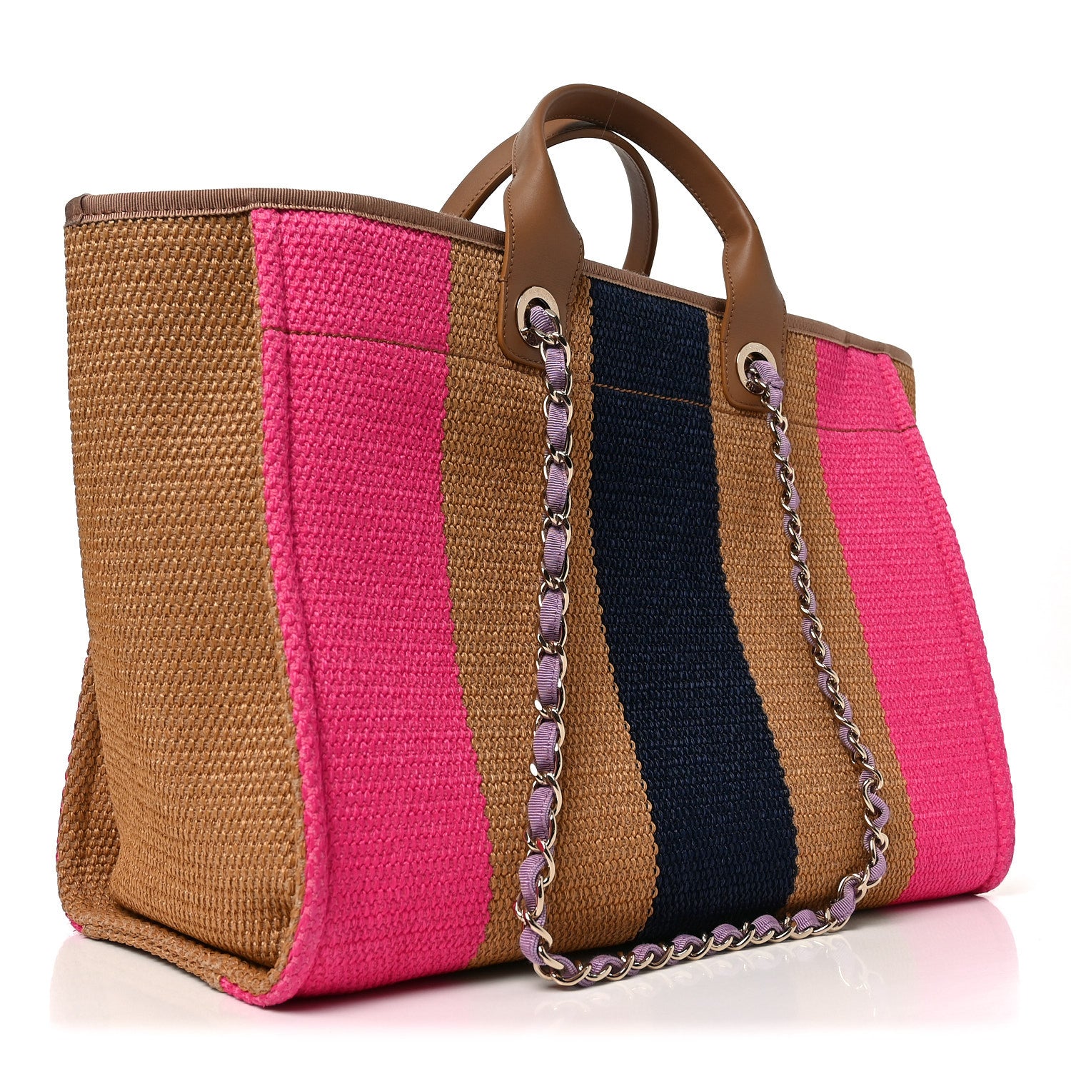 Chanel Straw Raffia Calfskin Striped Medium Deauville Tote Dark Beige Fuchsia Navy Blue 2 of 10