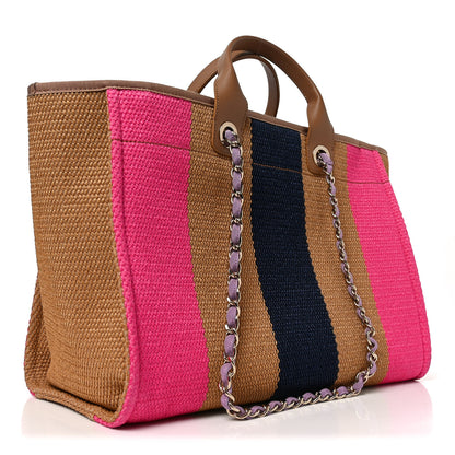 Chanel Straw Raffia Calfskin Striped Medium Deauville Tote Dark Beige Fuchsia Navy Blue 2 of 10