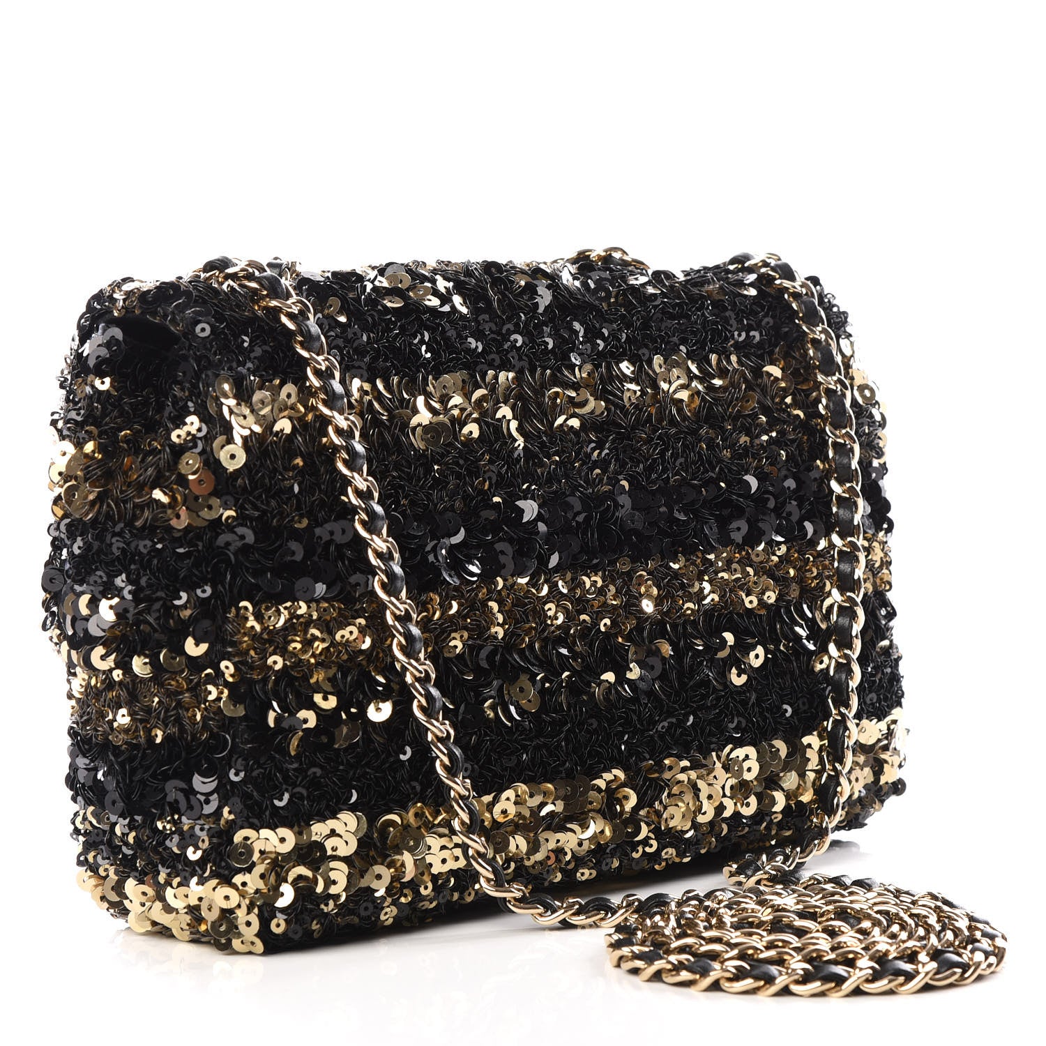 Chanel Sequin Striped Classic Mini Flap Black Gold 2 of 9