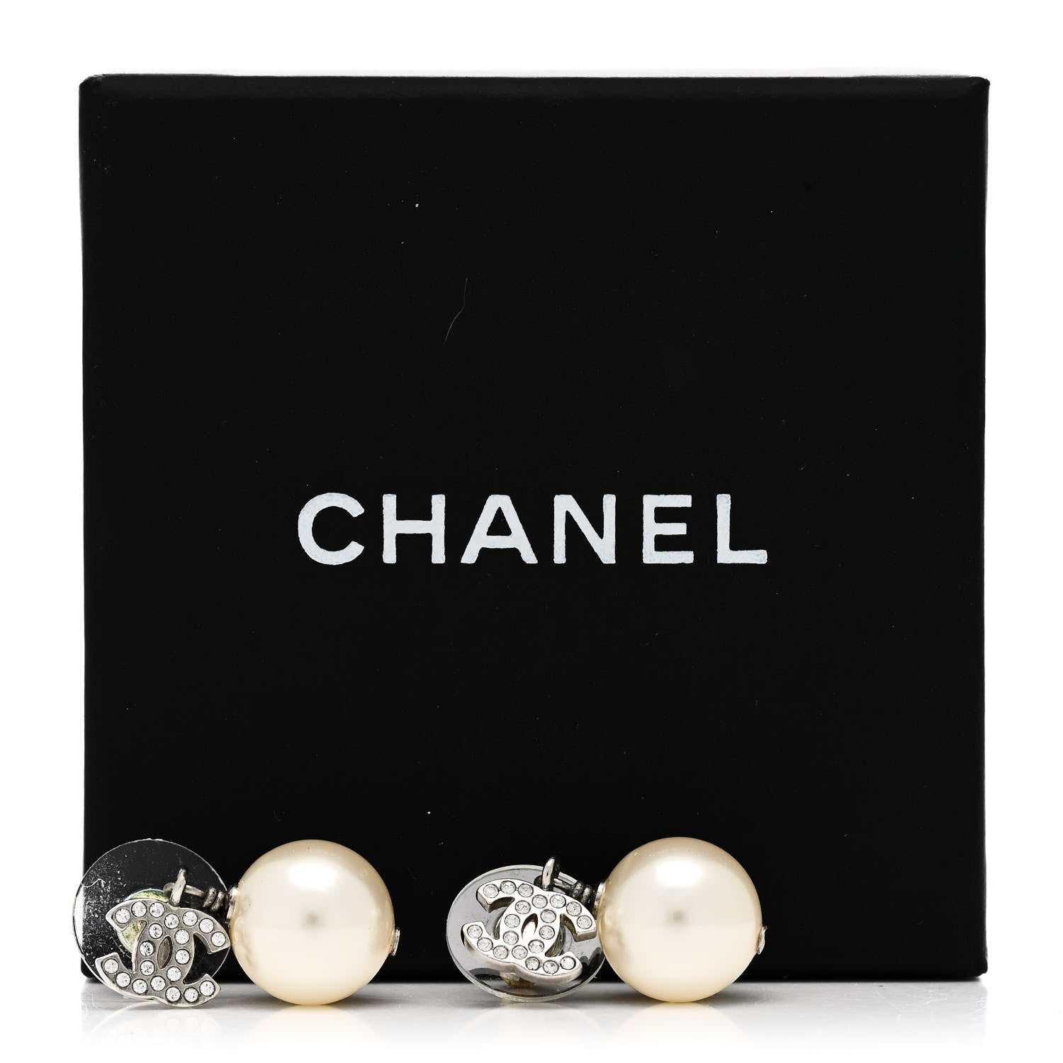 Chanel Crystal Pearl CC Drop Earrings Silver Pearly White 5 of 5