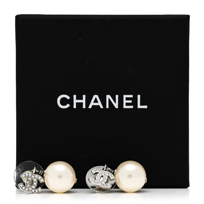 Chanel Crystal Pearl CC Drop Earrings Silver Pearly White 5 of 5