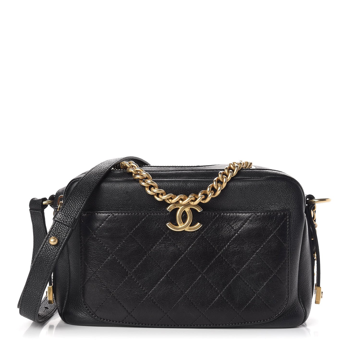 Grained Calfskin Quilted Flat Camera Case Black