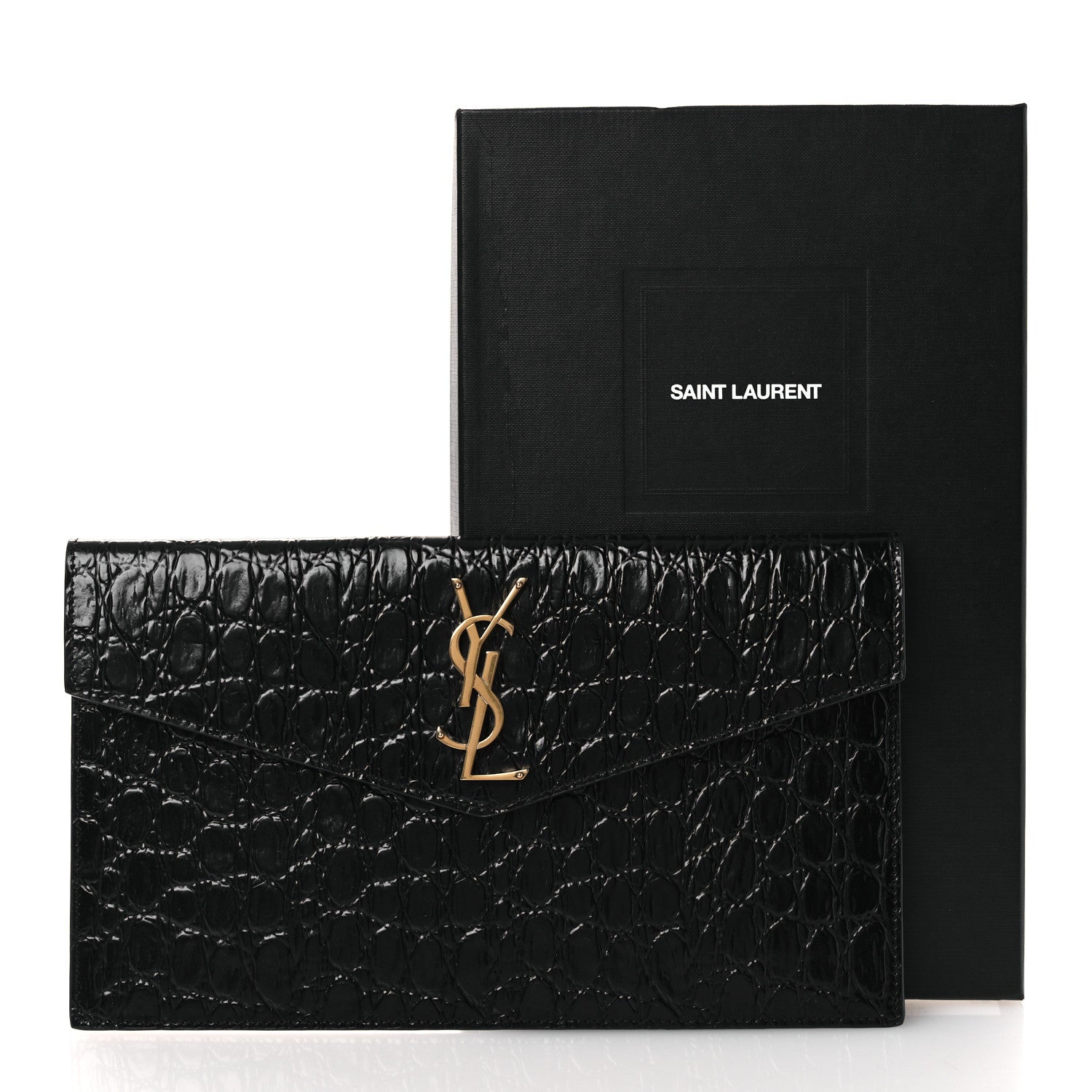 Saint Laurent Calfskin Crocodile Embossed Uptown Monogram Pouch Black 8 of 8