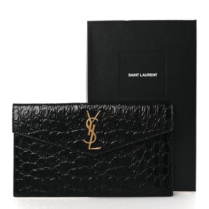 Saint Laurent Calfskin Crocodile Embossed Uptown Monogram Pouch Black 8 of 8