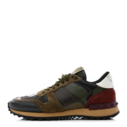 Valentino Garavani Nappa Suede Camouflage Womens Rockrunner Sneakers 37.5 Kaki Platine 1 of 8