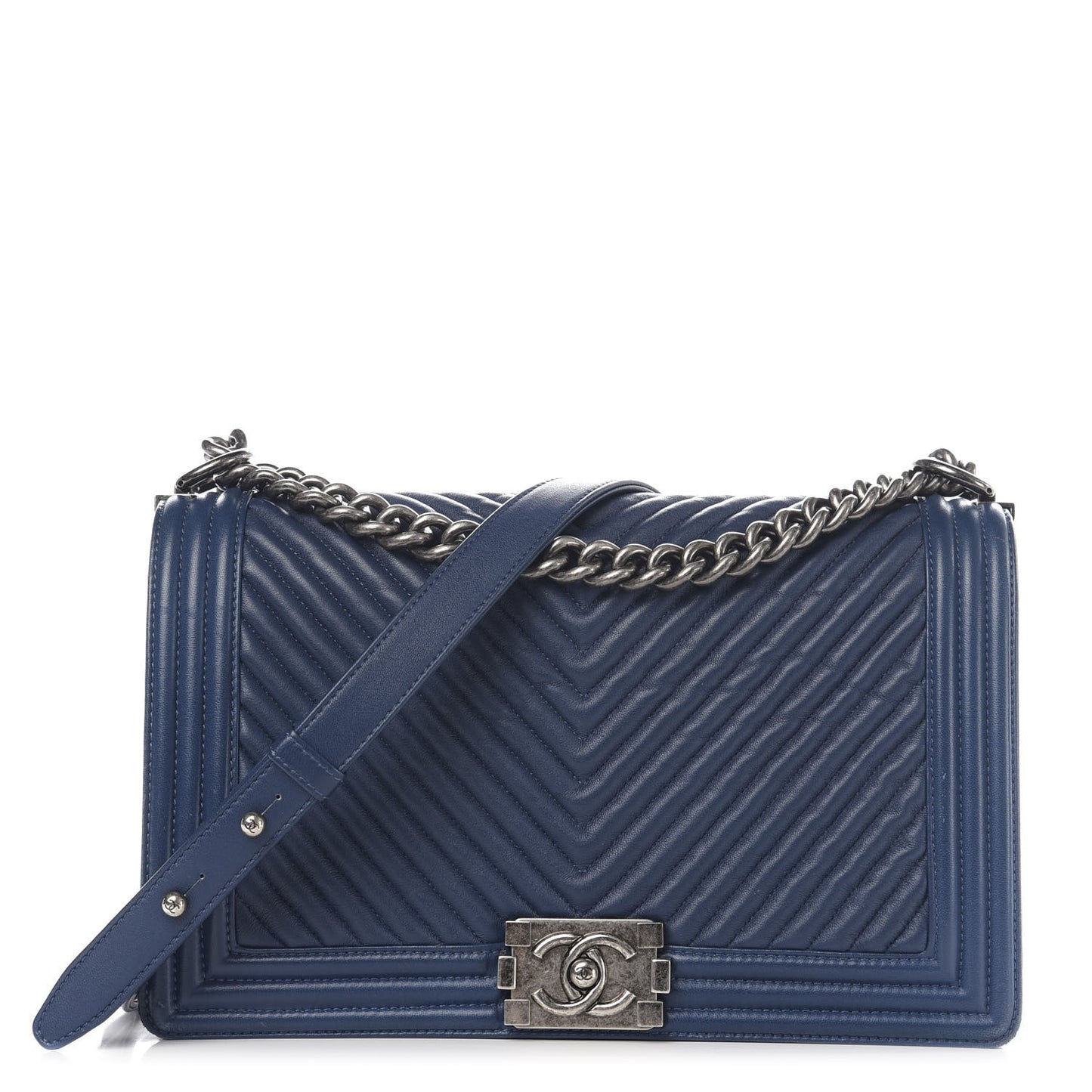 Wrinkled Lambskin Chevron Quilted New Medium Boy Flap Navy Blue