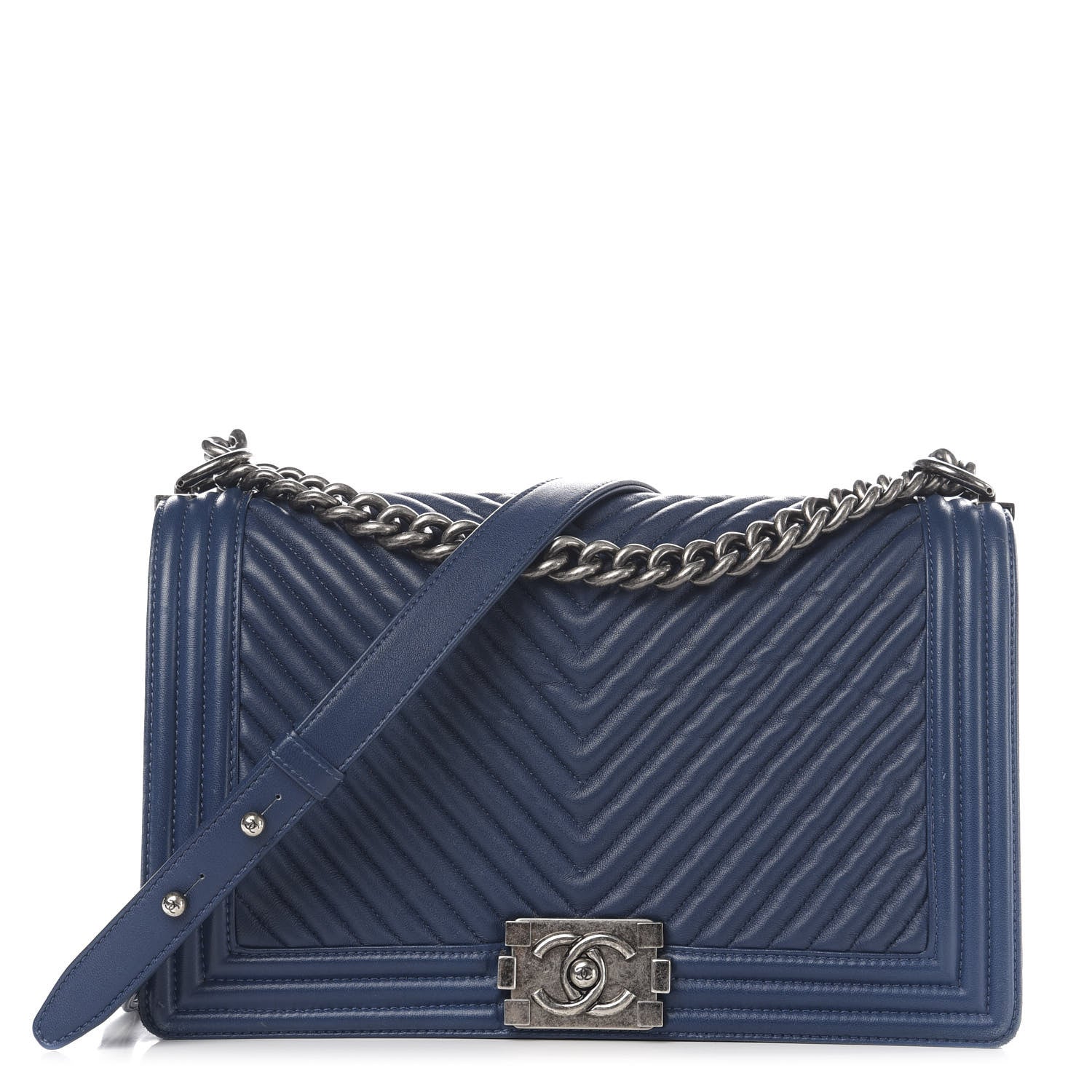 Chanel Wrinkled Lambskin Chevron Quilted New Medium Boy Flap Navy Blue 1 of 11