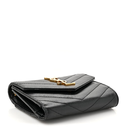 Saint Laurent Grain De Poudre Matelasse Chevron Monogram Compact Tri Fold Wallet Black 4 of 11