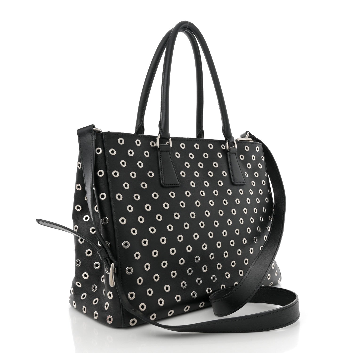 Prada City Calf Grommet Large Double Zip Tote Black 3 of 14