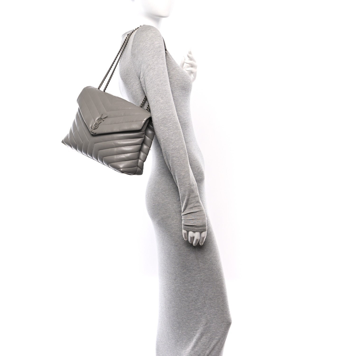 Saint Laurent Calfskin Y Quilted Monogram Medium Loulou Chain Satchel Oyster Grey 2 of 11