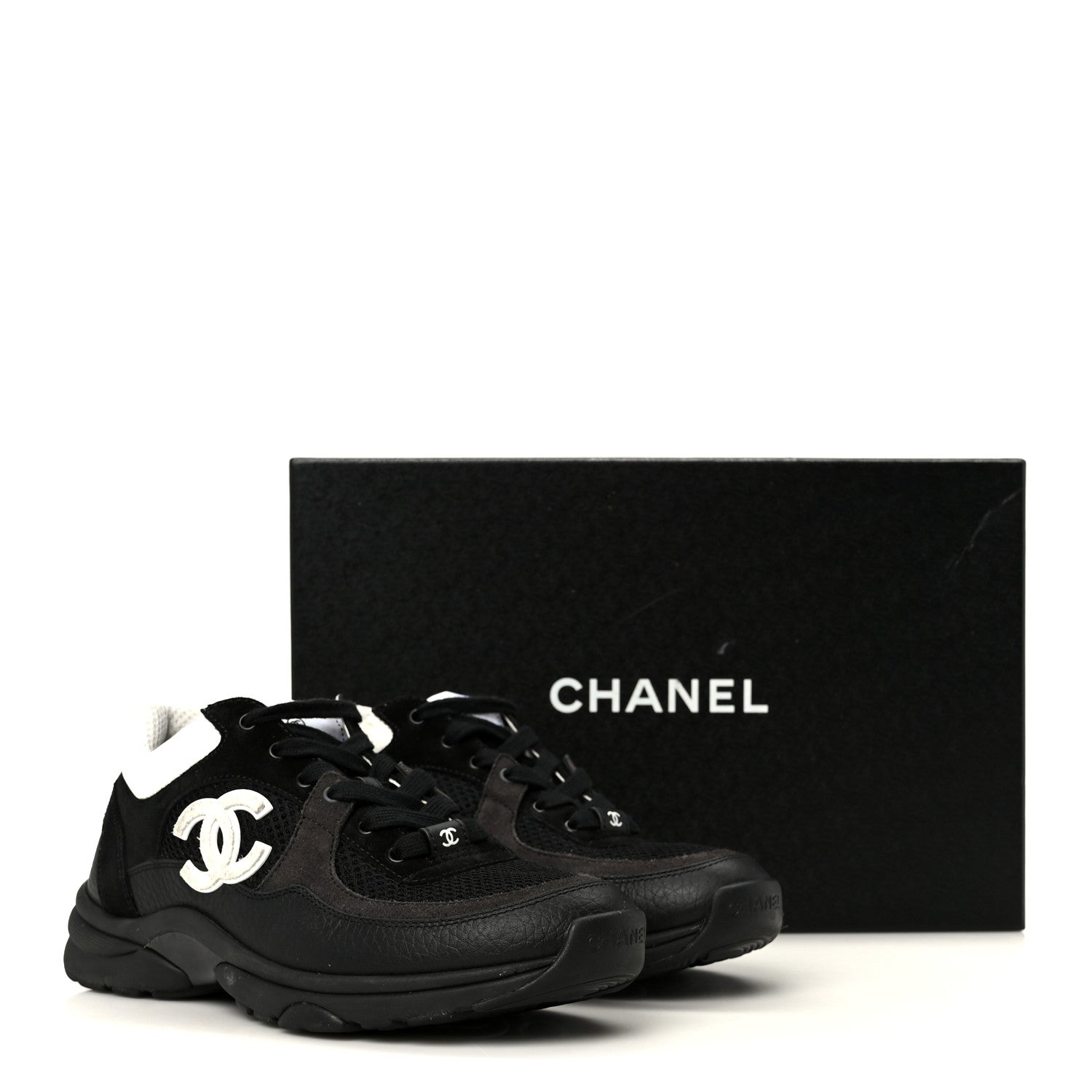 Chanel Mesh Suede Grained Calfskin Womens CC Sneakers 37 Black White 10 of 10