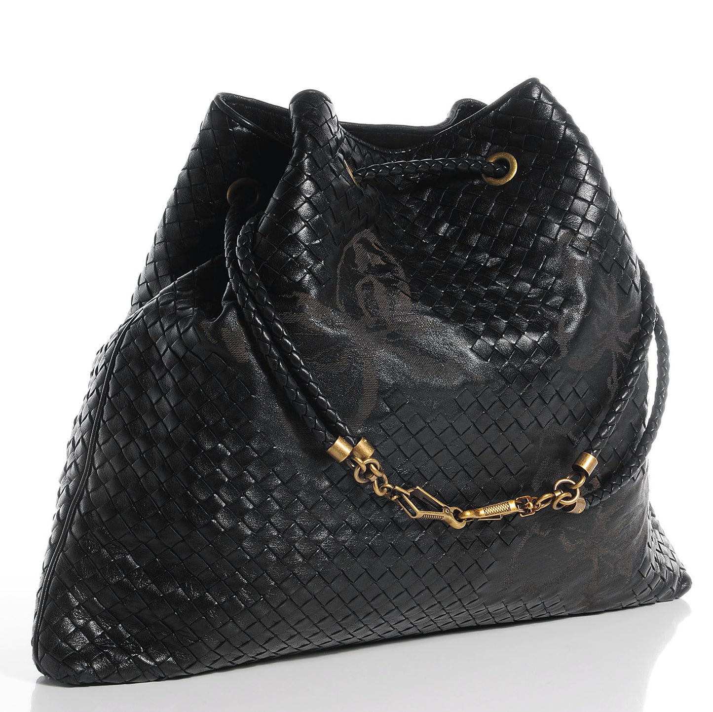 Waxed Leather Intrecciato Farfalle Draw-String Bag Nero Black