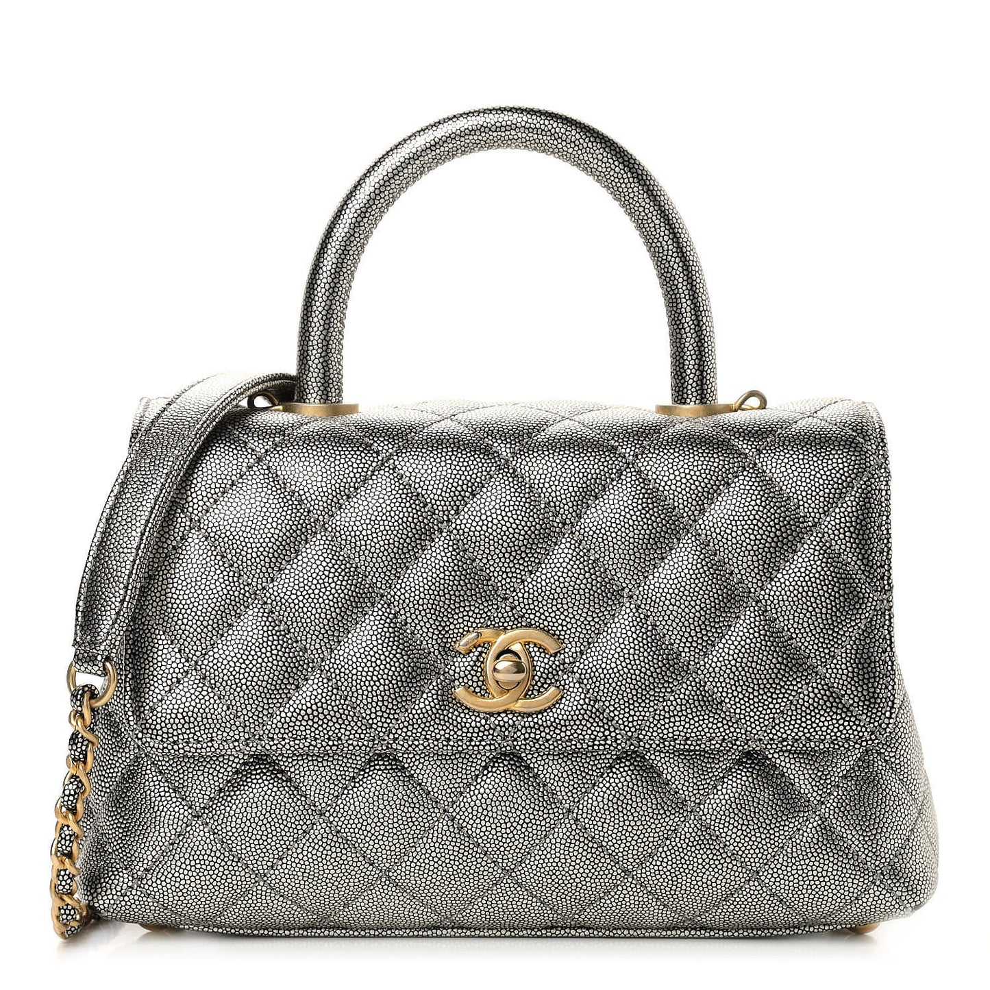 Metallic Caviar Quilted Mini Coco Handle Flap Silver