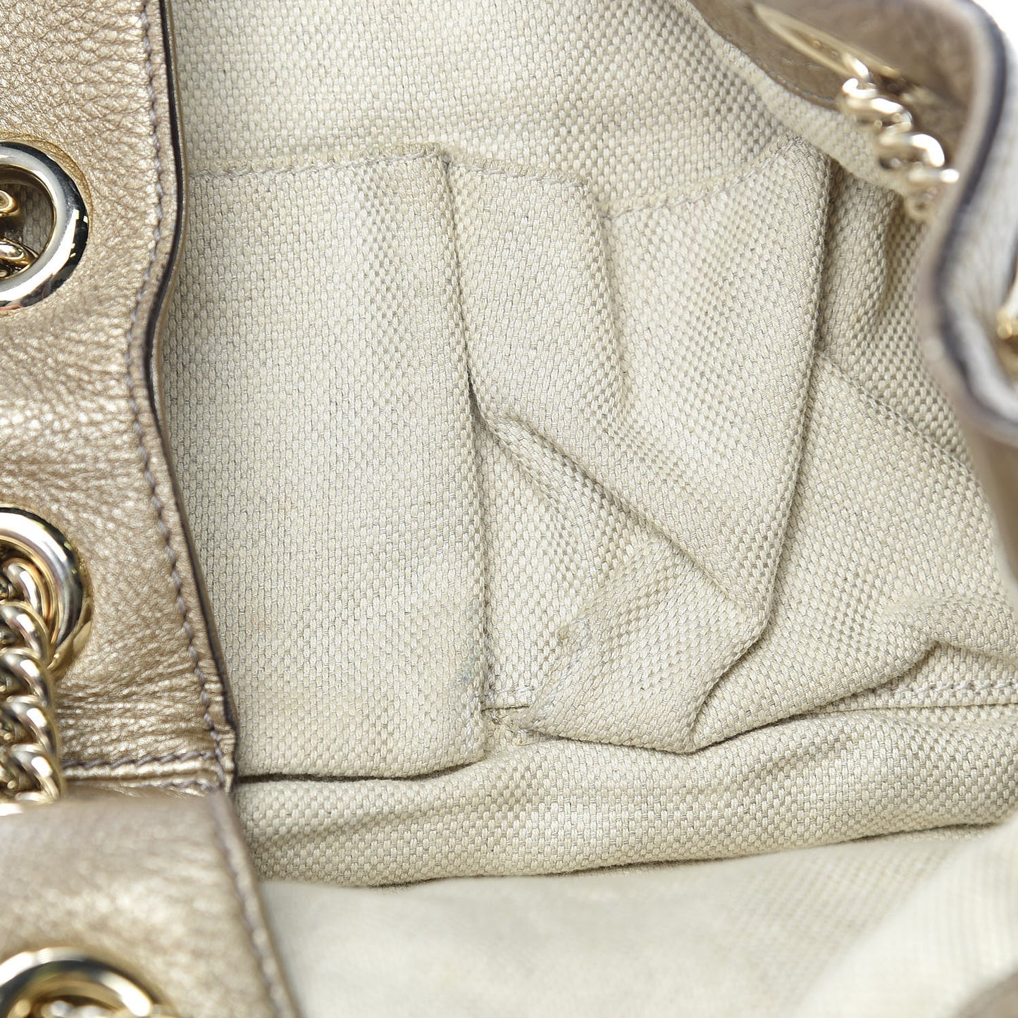 Metallic Pebbled Calfskin Medium Soho Chain Shoulder Bag Golden Beige