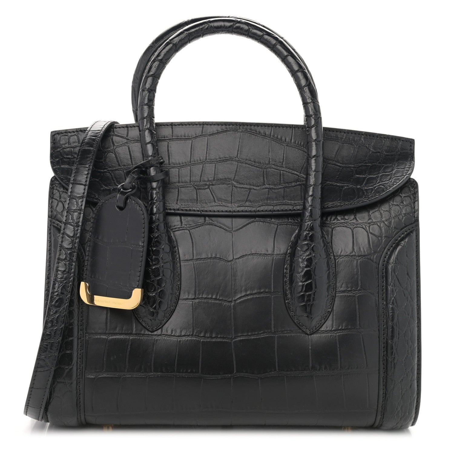 Alexander McQueen Calfskin Crocodile Embossed Small Heroine 30 Black 1 of 12