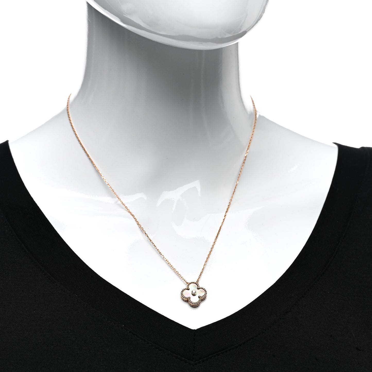 18K Rose Gold Diamond Grey Mother of Pearl Vintage Alhambra Pendant Necklace