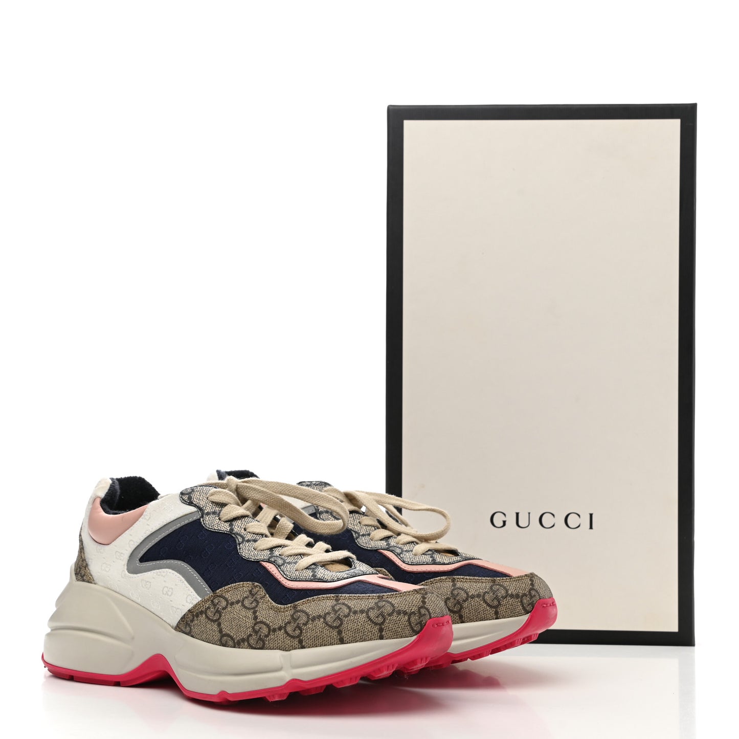 GG Supreme Monogram Mix Monogram Womens Rhyton Sneakers 37.5 London Blue Beige Pale Pink