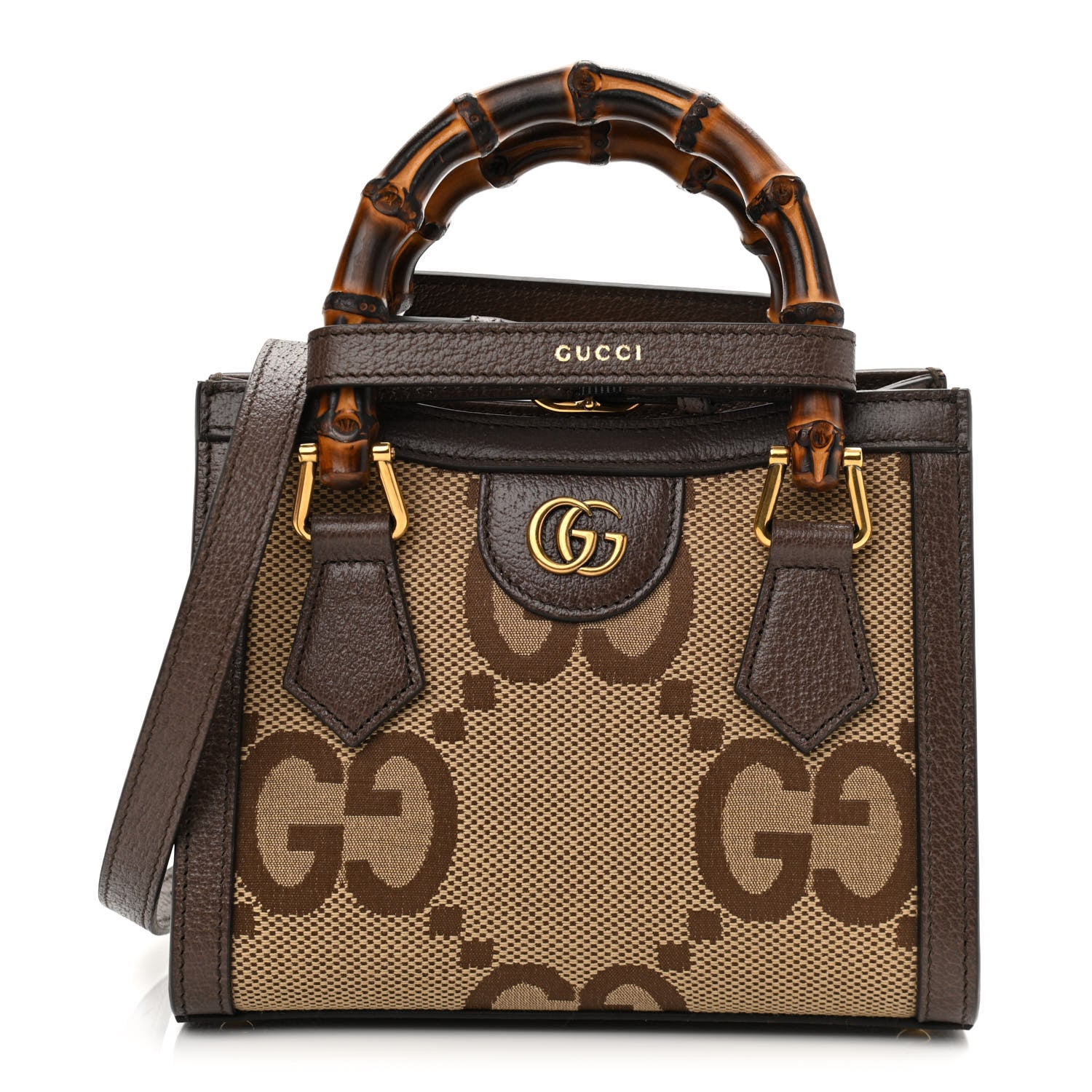 Gucci Monogram Jumbo GG Textured Dollar Calfskin Mini Diana Tote Bag Camel Ebony New Acero 1 of 12