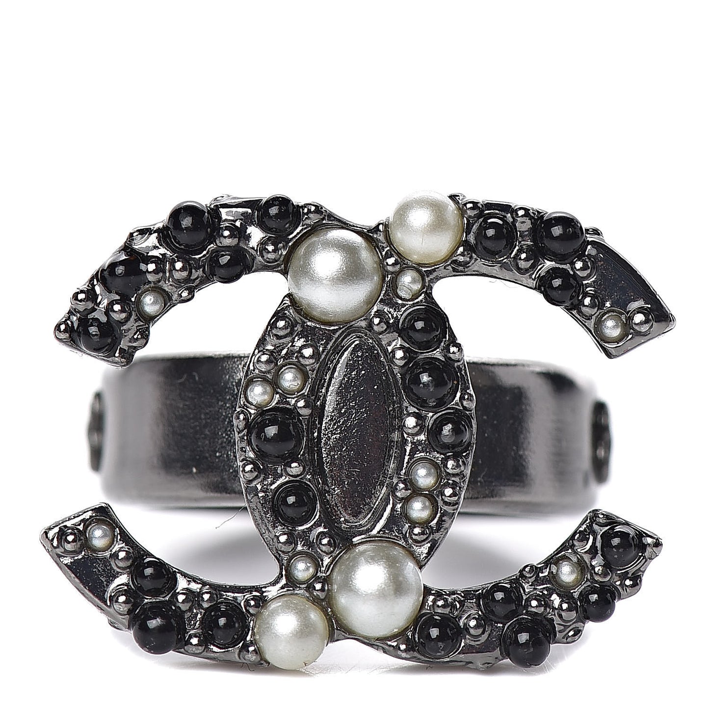 Ruthenium Pearl Beaded CC Ring 7 Black