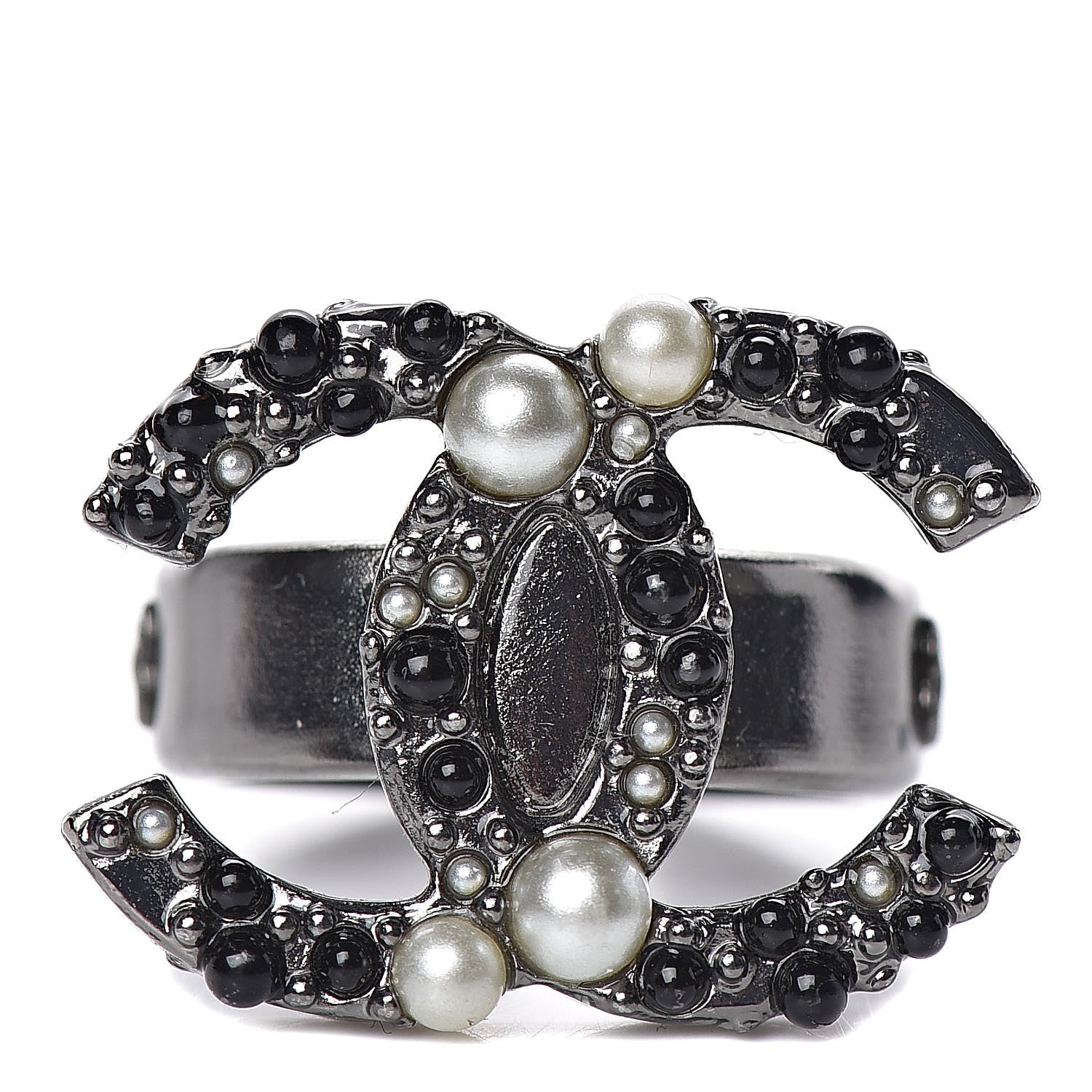 Chanel Ruthenium Pearl Beaded CC Ring 7 Black 1 of 5