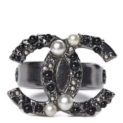 Chanel Ruthenium Pearl Beaded CC Ring 7 Black 1 of 5