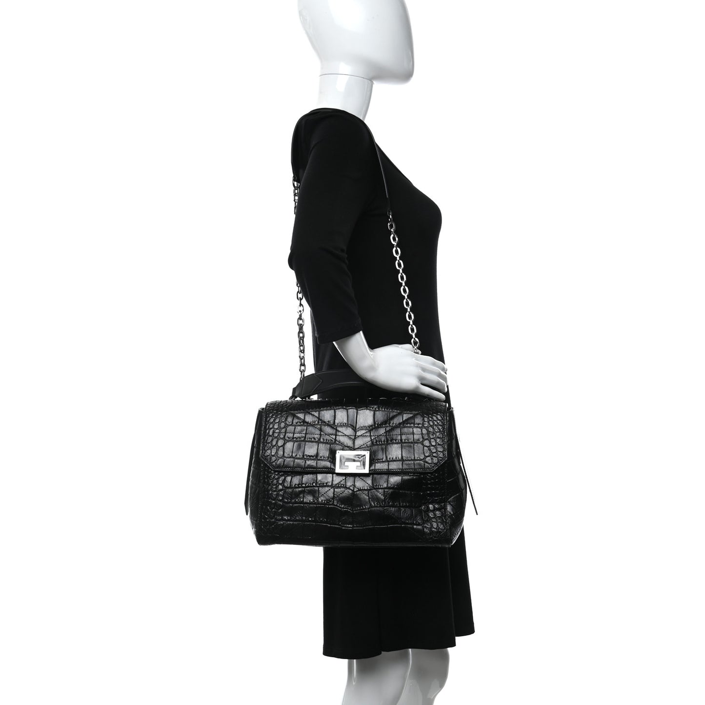 Crocodile Embossed Calfskin Medium ID Flap Black