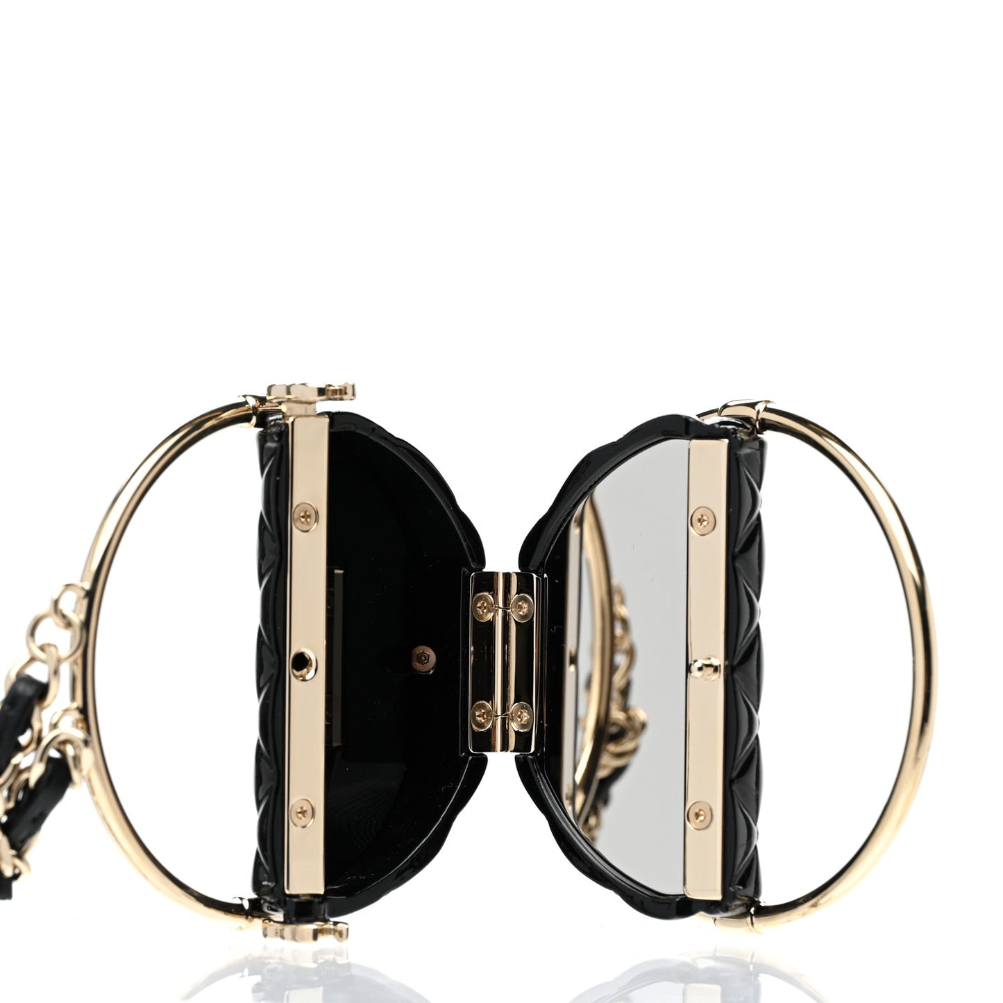 Metal Resin Quilted Flap Bag Hoop Mirror Necklace Black Gold