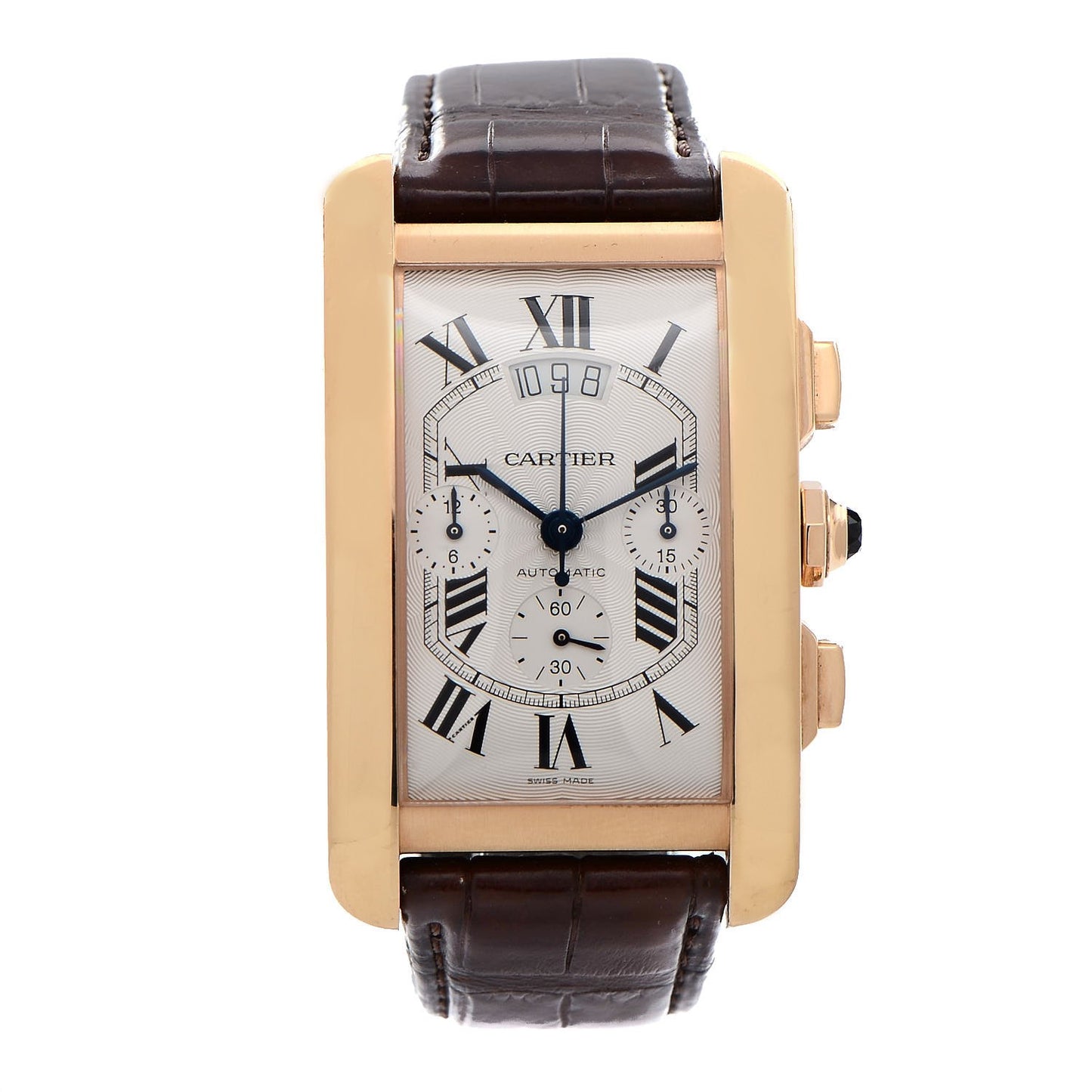 18K Pink Gold Alligator 31.5mm Tank Americaine Chronograph Automatic Watch Brown
