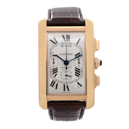 Cartier 18K Pink Gold Alligator 31.5mm Tank Americaine Chronograph Automatic Watch Brown 1 of 9