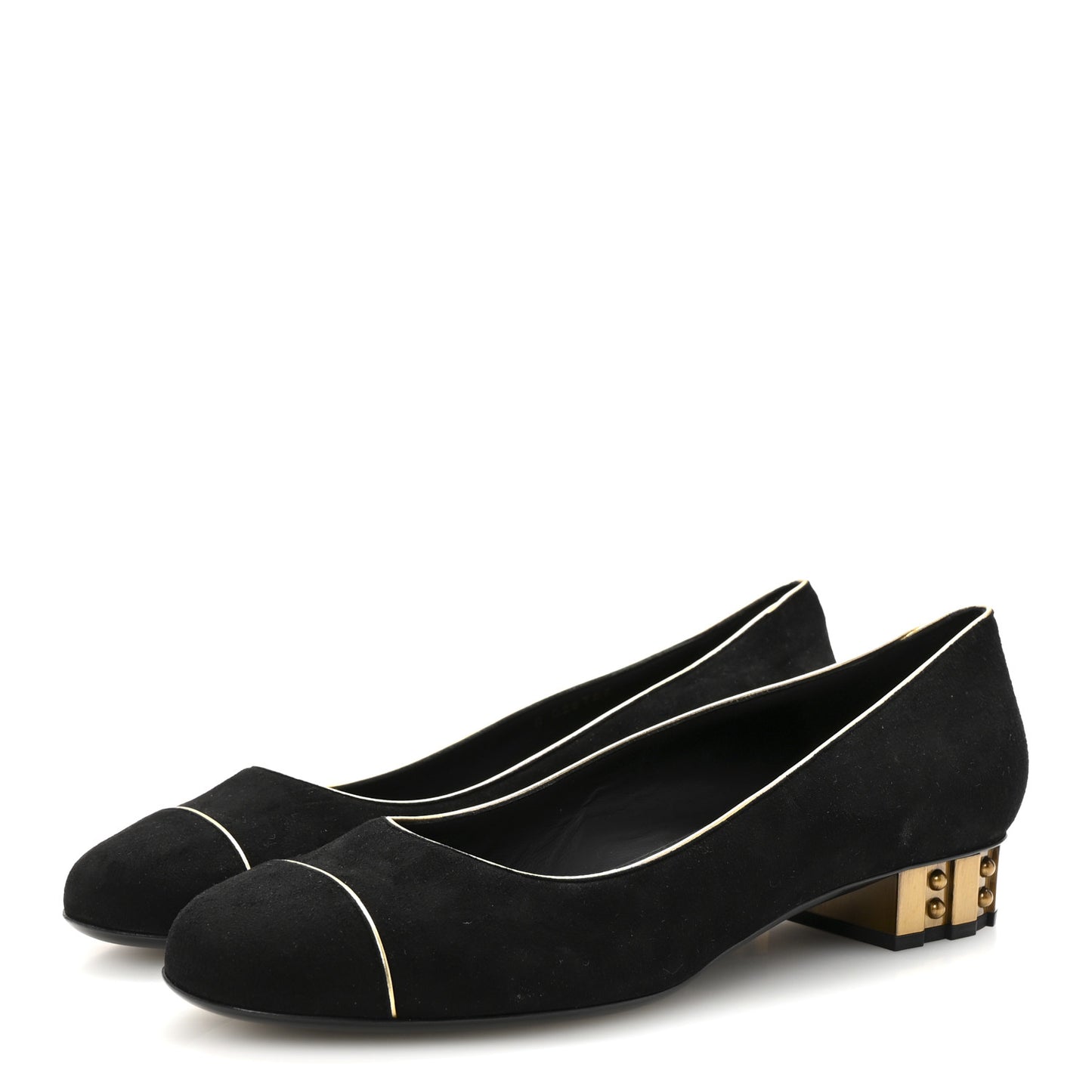 Suede Studded Cap Toe Low Heel Pumps 40 Black Gold