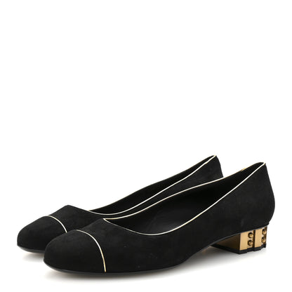 Chanel Suede Studded Cap Toe Low Heel Pumps 40 Black Gold 4 of 9