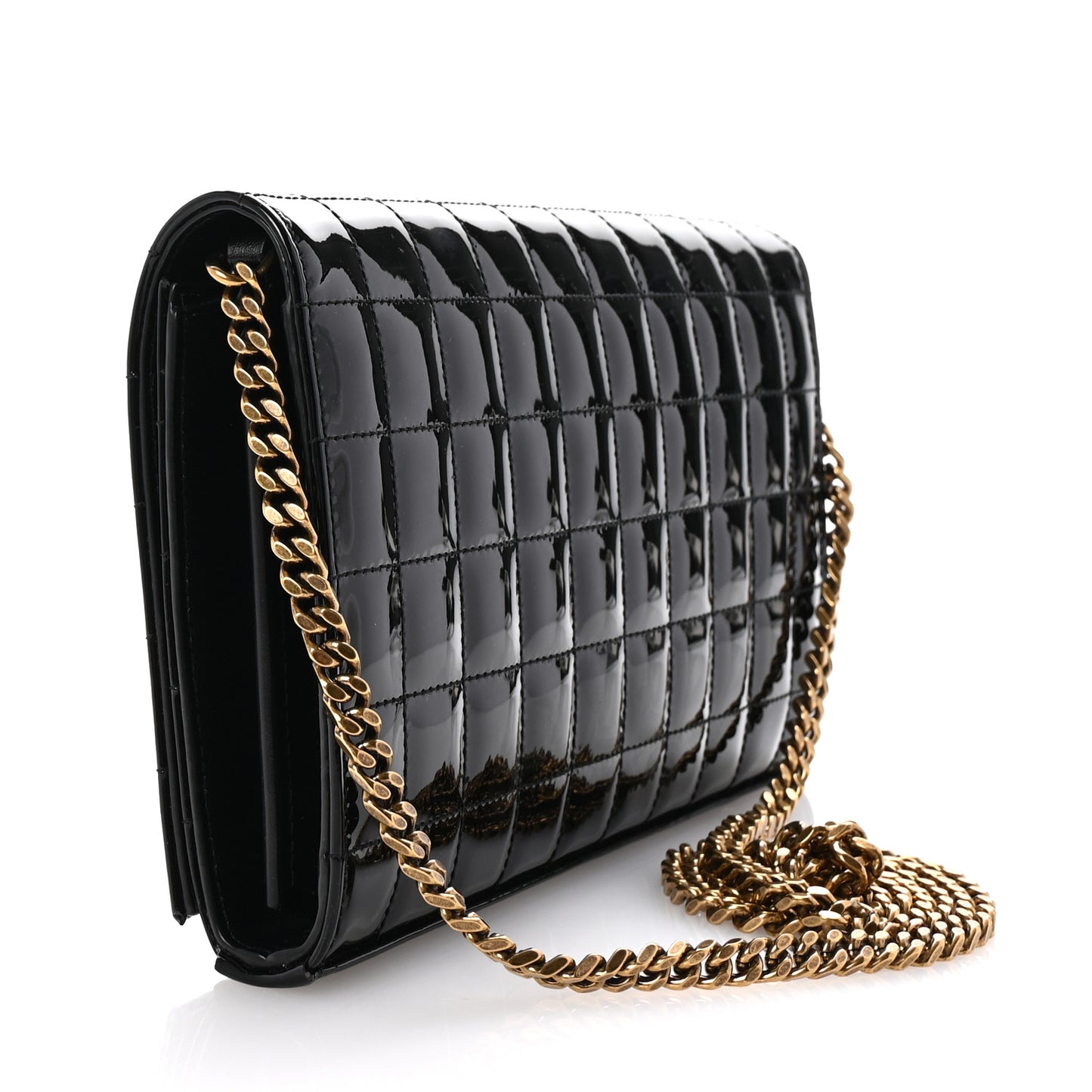 Patent Carre Quilted Cassandre Chain Wallet Black