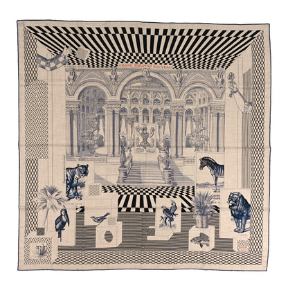 Hermes Cashmere Silk Grand Theatre Nouveau Shawl 140 Naturel Marine Black 1 of 5