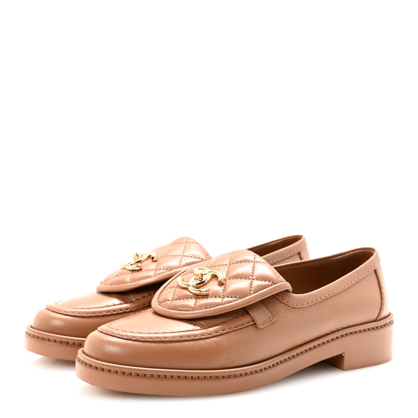 Crumpled Lambskin Quilted CC Turnlock Moccasins 37 Dark Beige