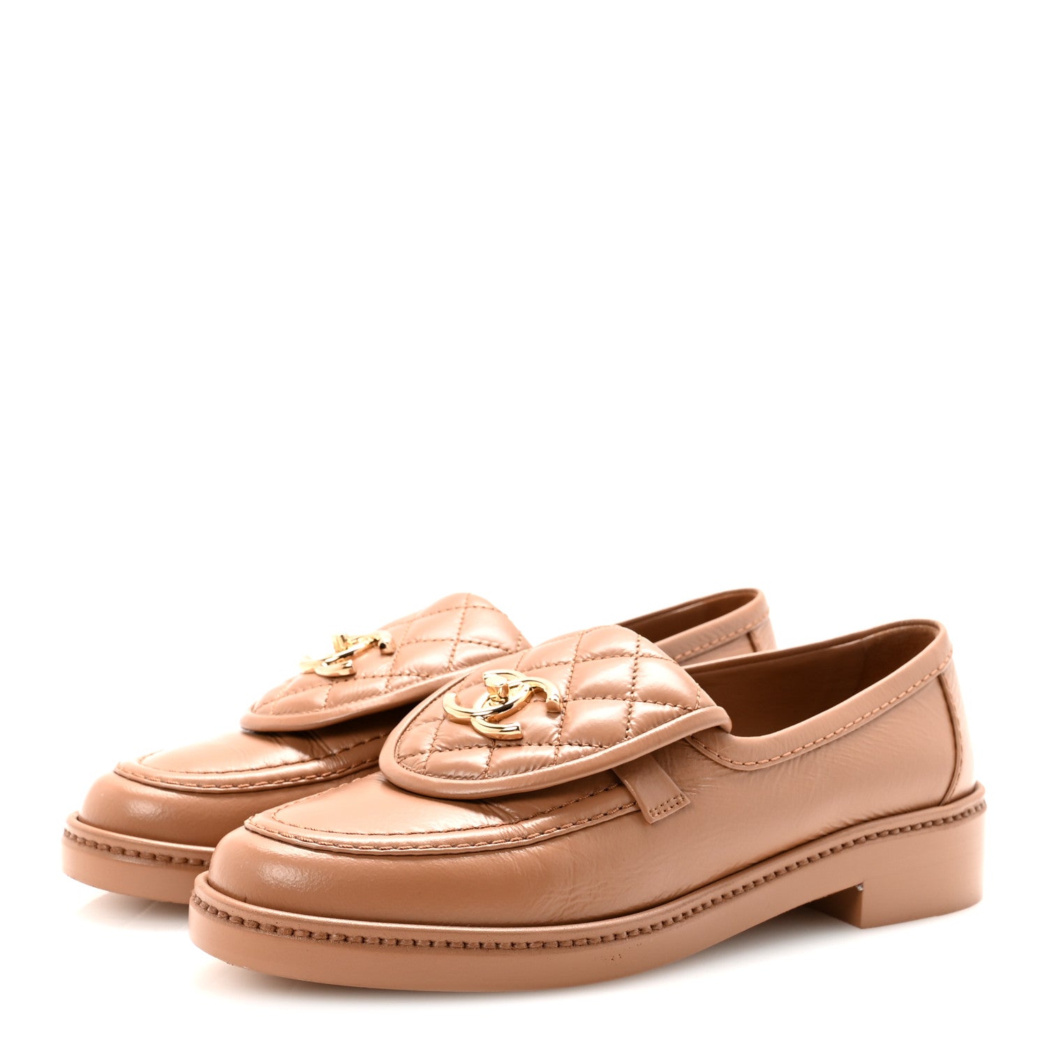 Chanel Crumpled Lambskin Quilted CC Turnlock Moccasins 37 Dark Beige 4 of 10
