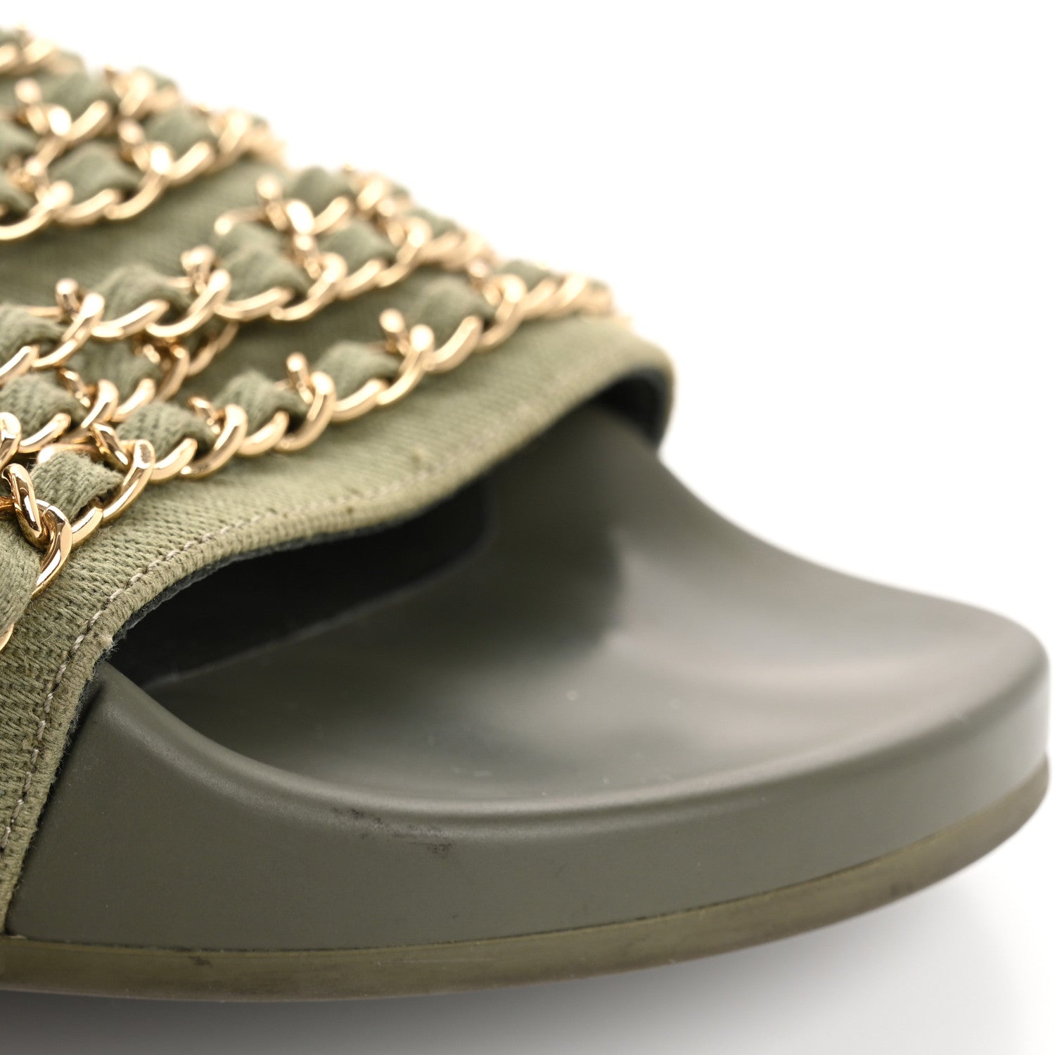 Chanel Satin Canvas Chain Slides Sandals Flats 40 Khaki 15 of 16