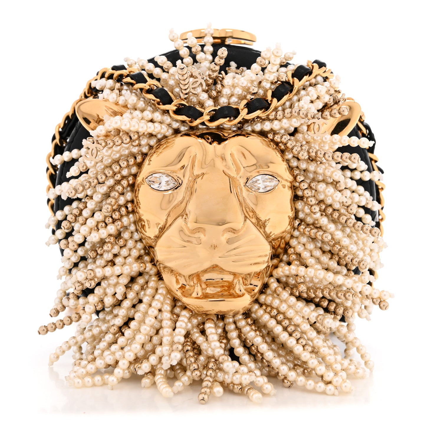 Lambskin Pearl Crystal Lion Round Minaudiere Clutch Black Gold